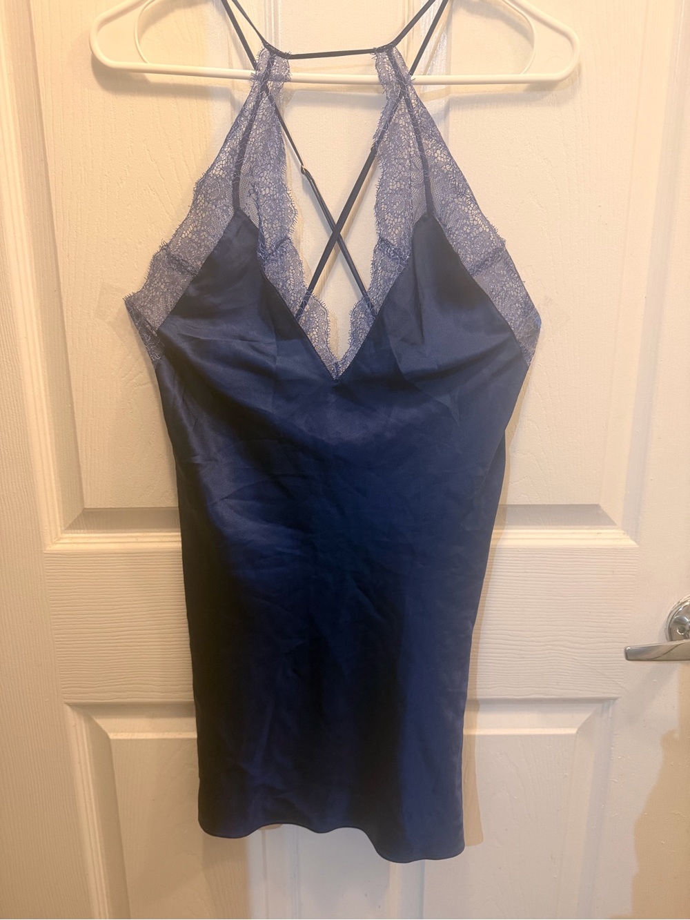 Victoria’s Secret silky Navy Lace Trim Chemise Nightdress